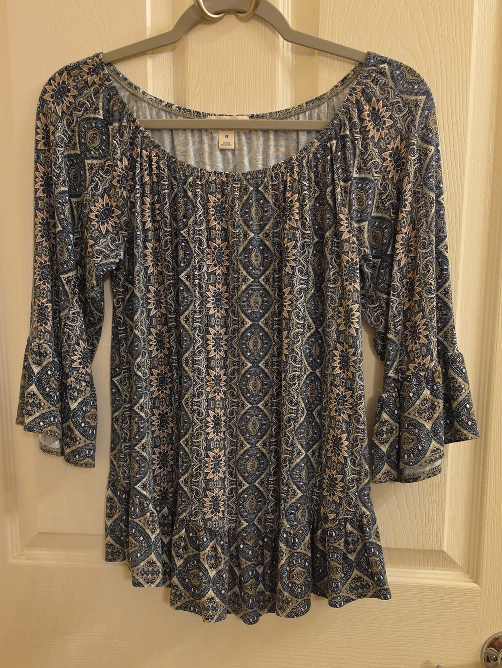 Style & Co Bohemian Blue Patterned Women's Peasant Top